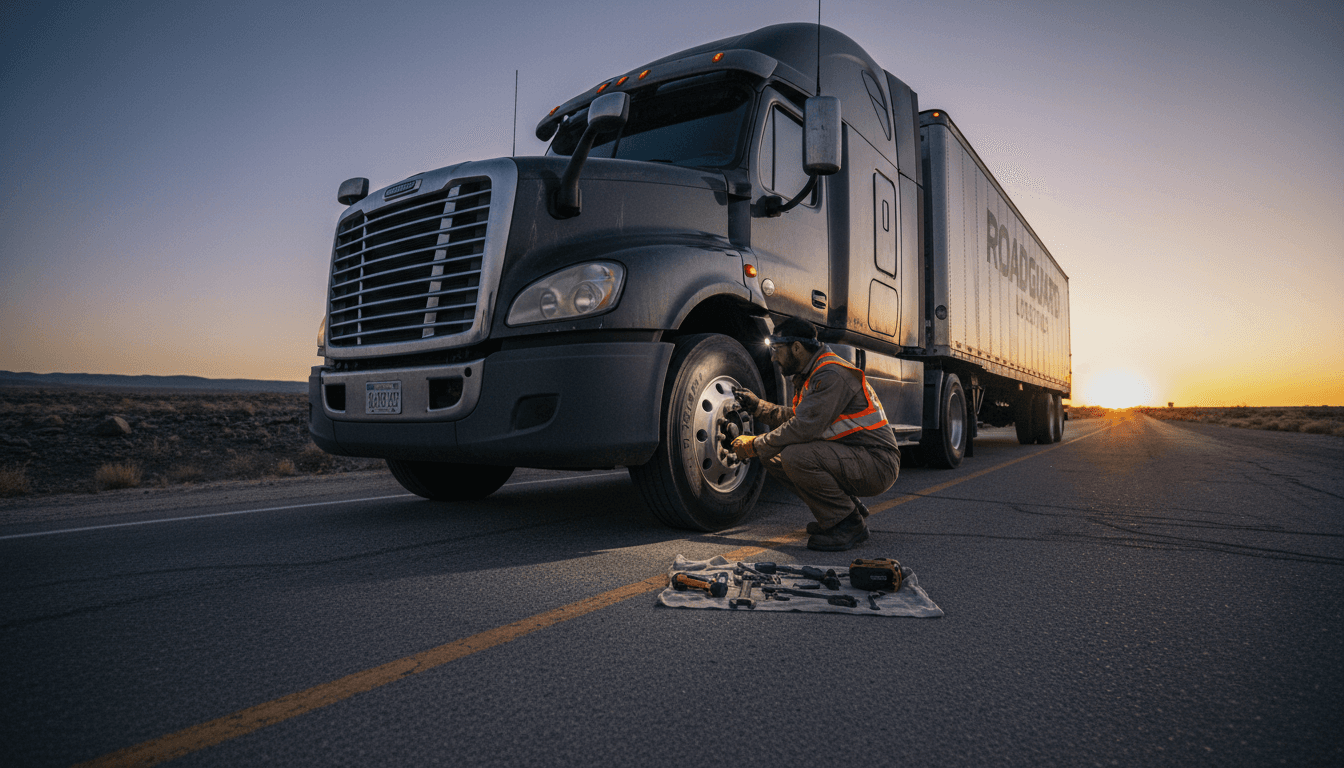 Professional truck technician performing mobile tire and brake inspection on heavy-duty truck at roadside