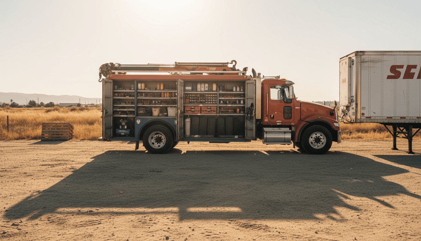 Mobile service truck parked beside semi-truck trailer ready for repairs