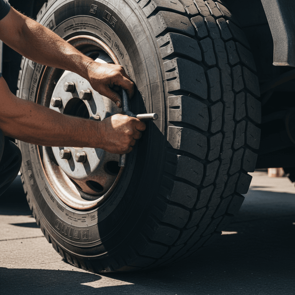Technician installing truck tire on heavy-duty wheel