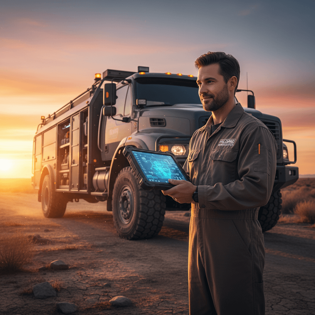 Mobile fleet repair technician performing on-site truck diagnosis