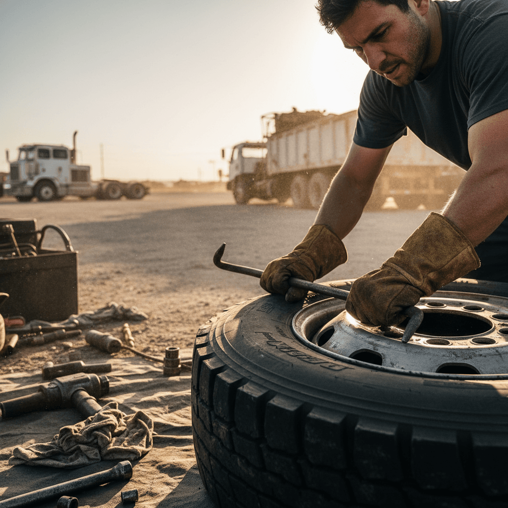 Mobile tire service and replacement on a commercial truck