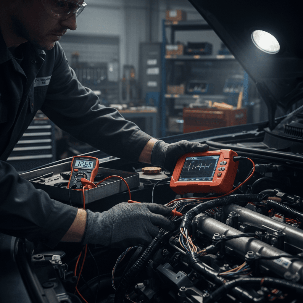 Professional mobile truck repair technician inspecting a heavy-duty truck at an on-site location