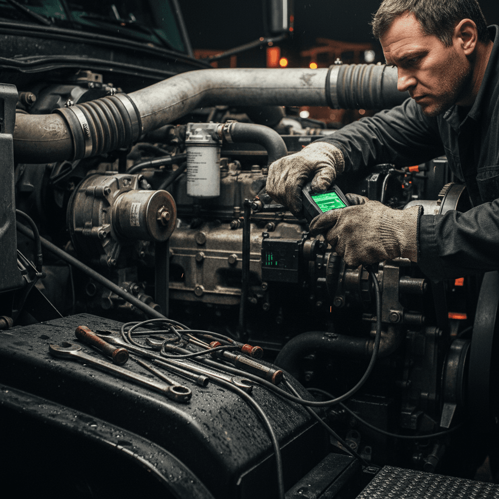 Mobile truck repair technician inspecting a heavy-duty truck on the roadside in Banning, California