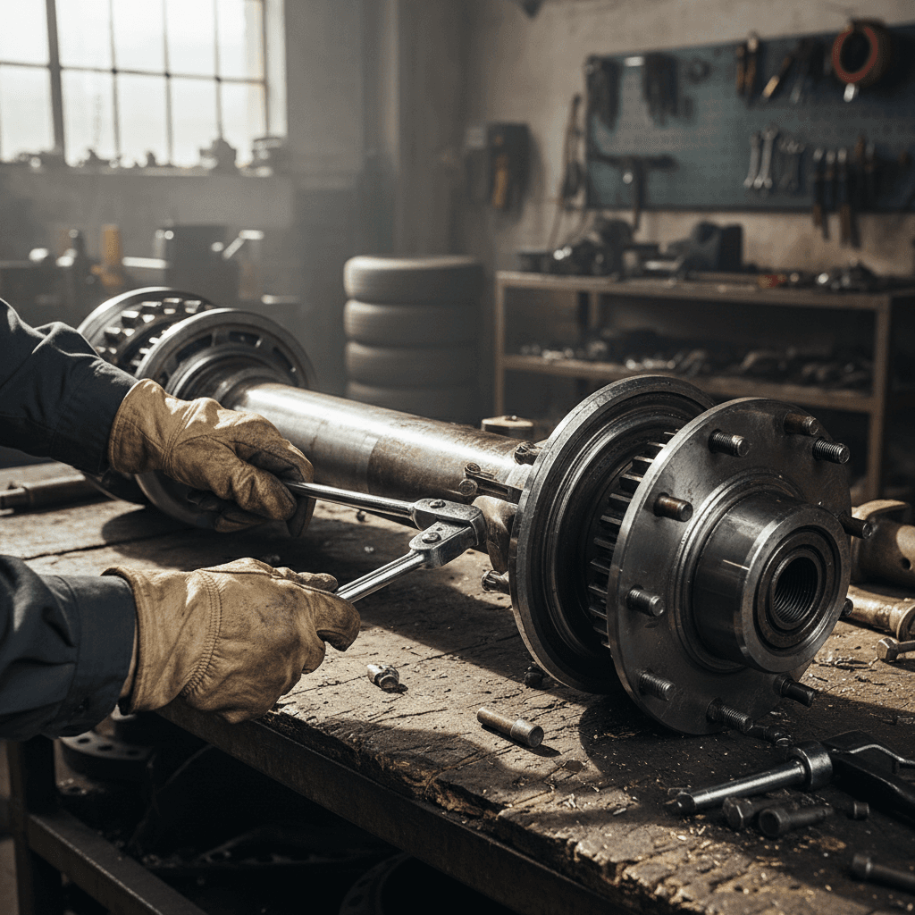 Technician inspecting trailer brake assembly