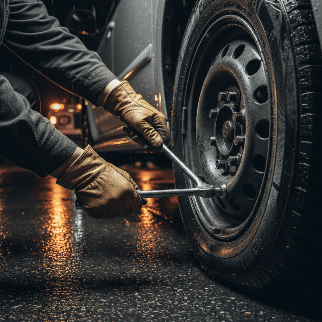 Technician removing truck tire roadside