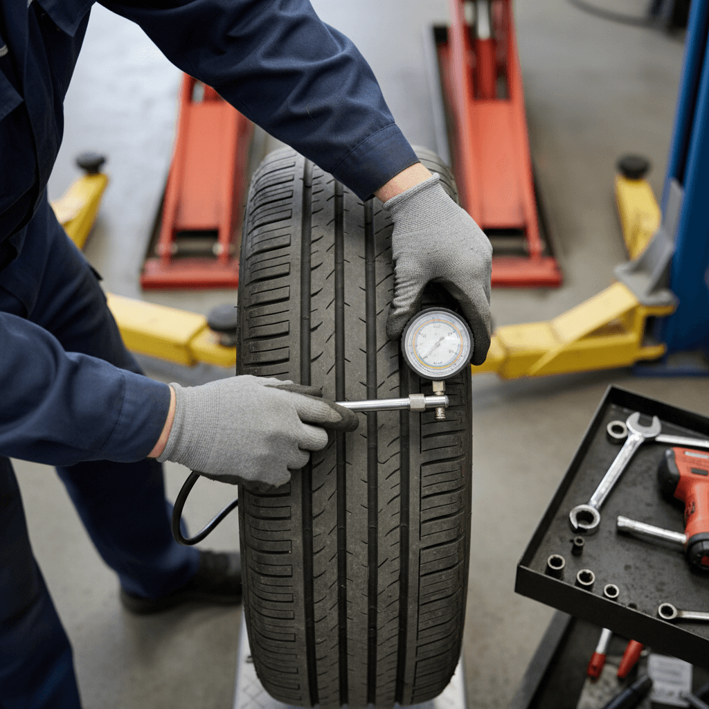Technician checking tire pressure on truck wheel