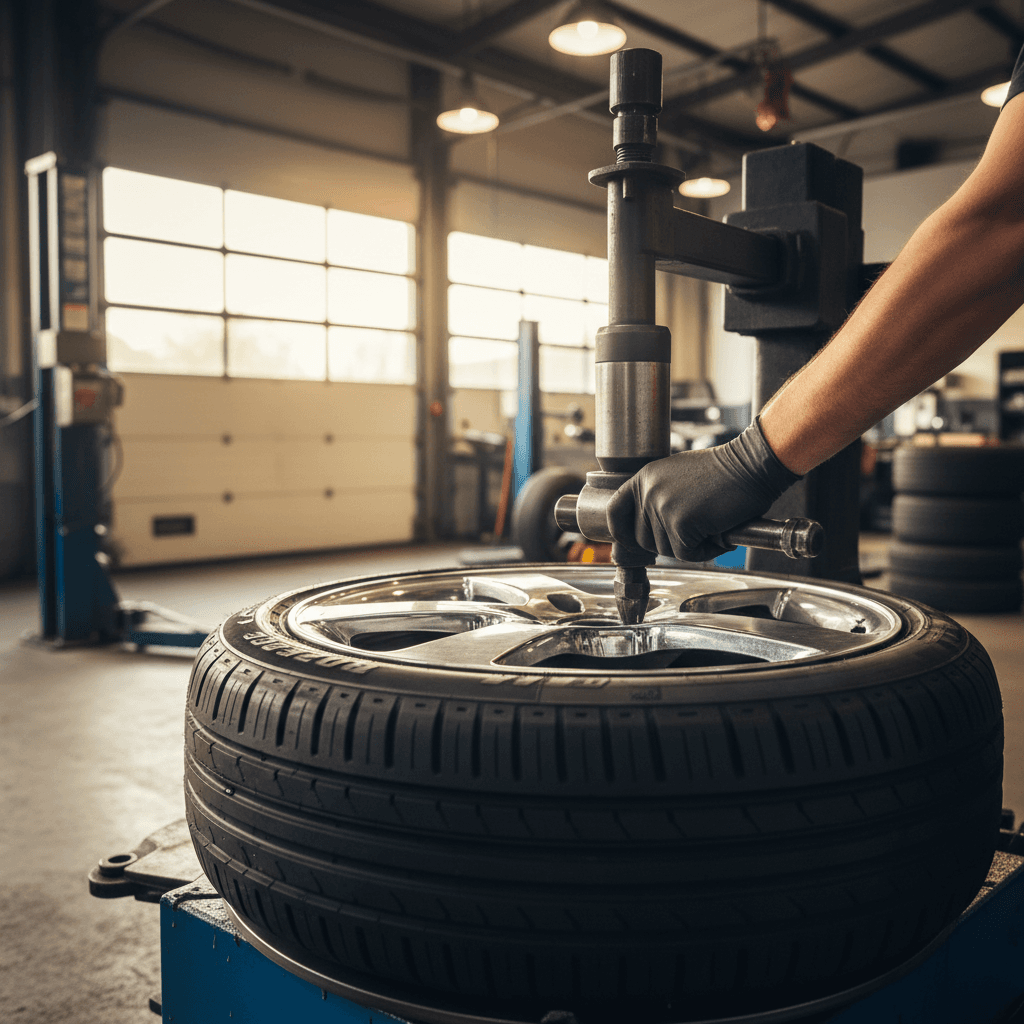 Close-up of experienced mechanic's hands inspecting truck tire